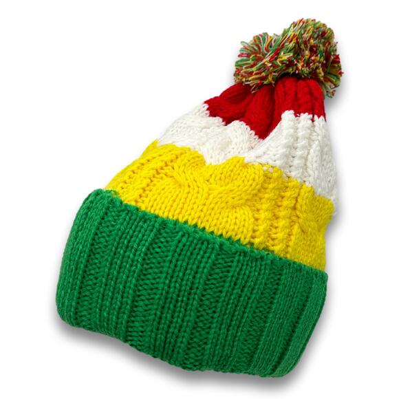 Stripe Pattern POM Beanie Thick Warm Soft Knit Long Cuffed Ski Cap Snowboard Hat - Picture 1 of 6